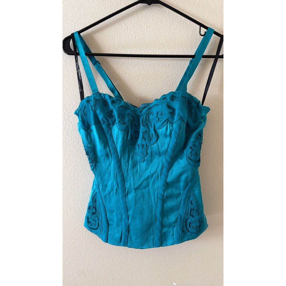 Vintage Bebe Y2K Turquoise Blue Lace Cut-Out Lace-Up Corset Top (Small)